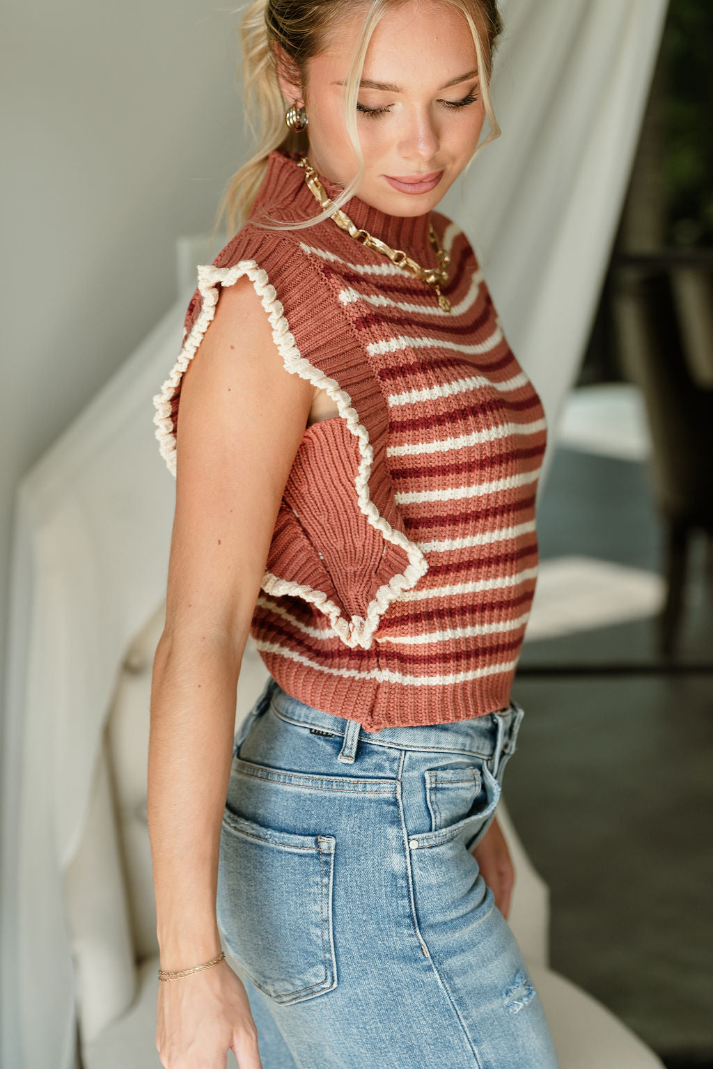Carolyn Rust Striped Sleeveless Sweater- close up side view