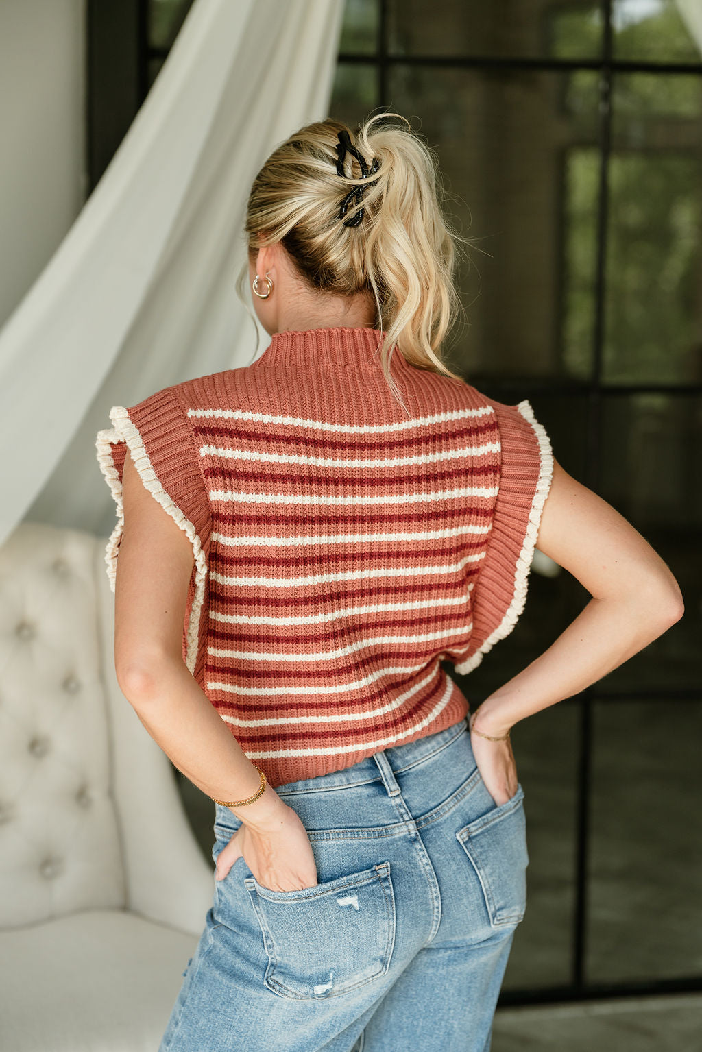 Carolyn Rust Striped Sleeveless Sweater- back ivew
