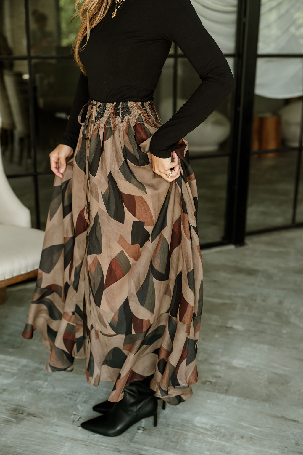 Claire Black Multi Midi Ruffle Skirt- close up side view