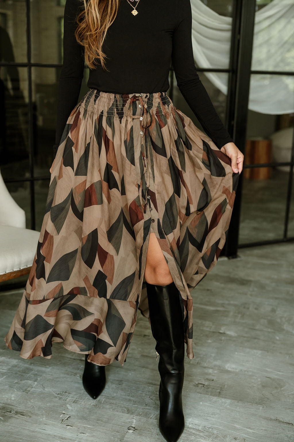Claire Black Multi Midi Ruffle Skirt- close up front view