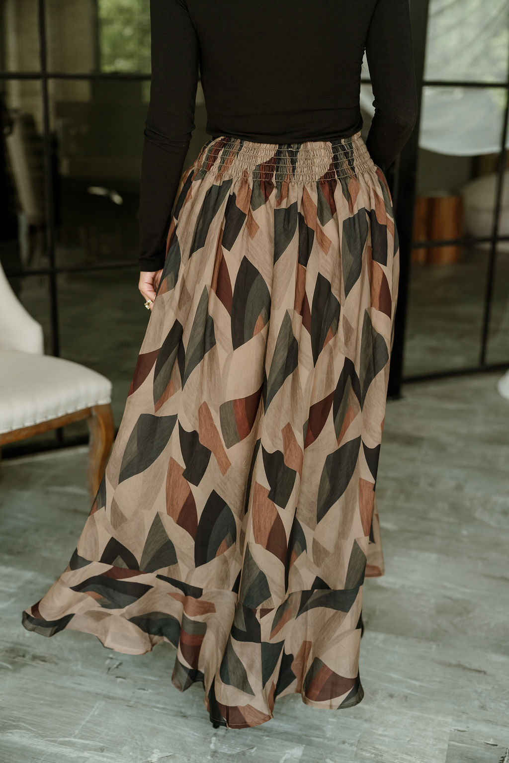 Claire Black Multi Midi Ruffle Skirt- close up back view