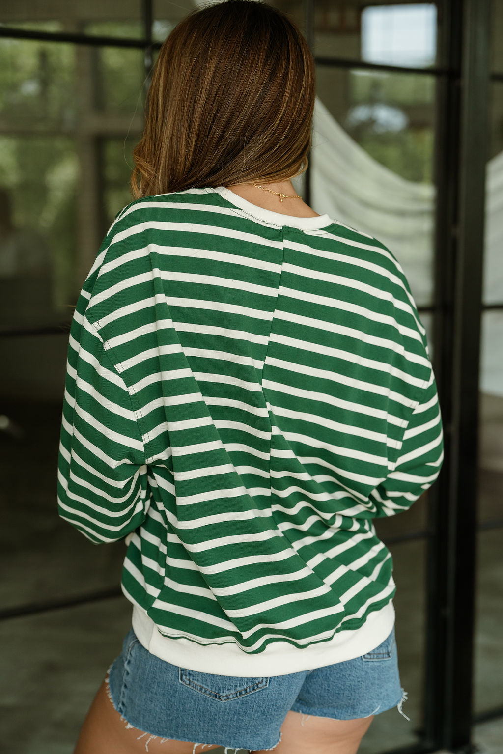 Elena Green & Cream Stripe Sweatshirt- close up back view