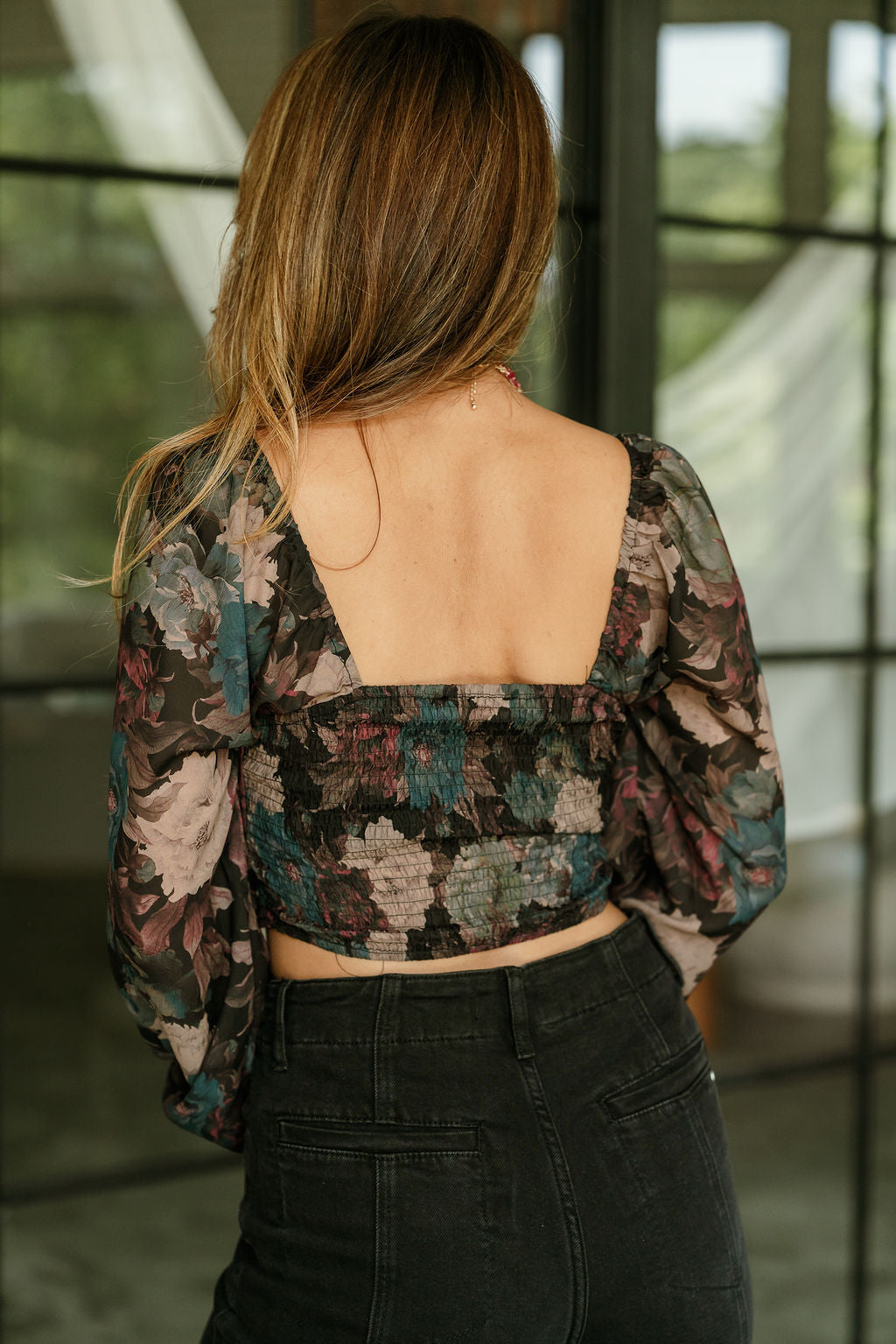 London Black Multi Floral Long Sleeve Top- close up back view