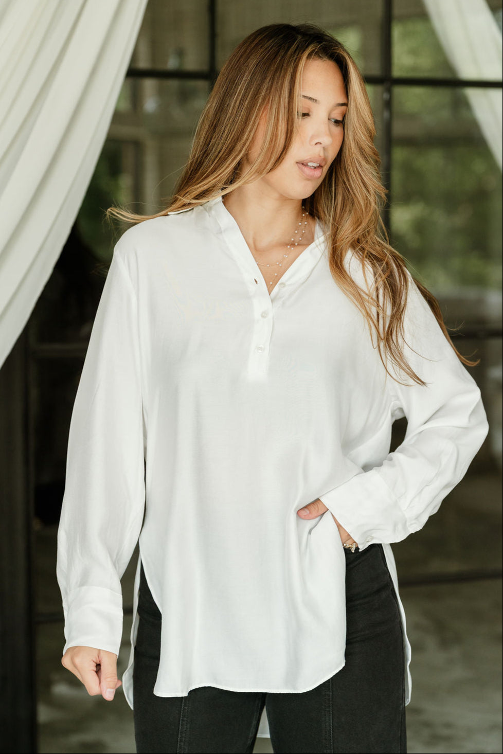 Raegen White Bow Long Sleeve Top- top view