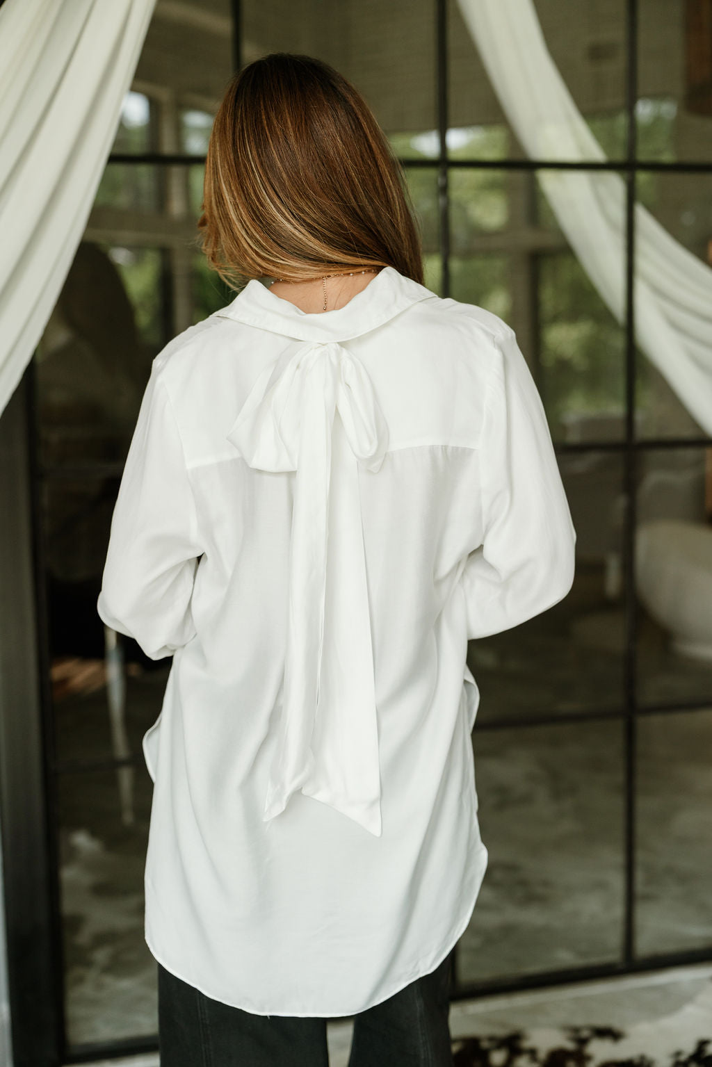 Raegen White Bow Long Sleeve Top- full back view