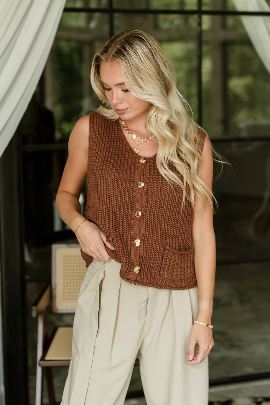 Melissa Brown & Gold Cable Knit Vest- top view