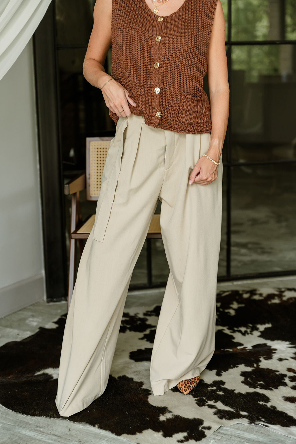 Serena Beige Wide Leg Pants- front view