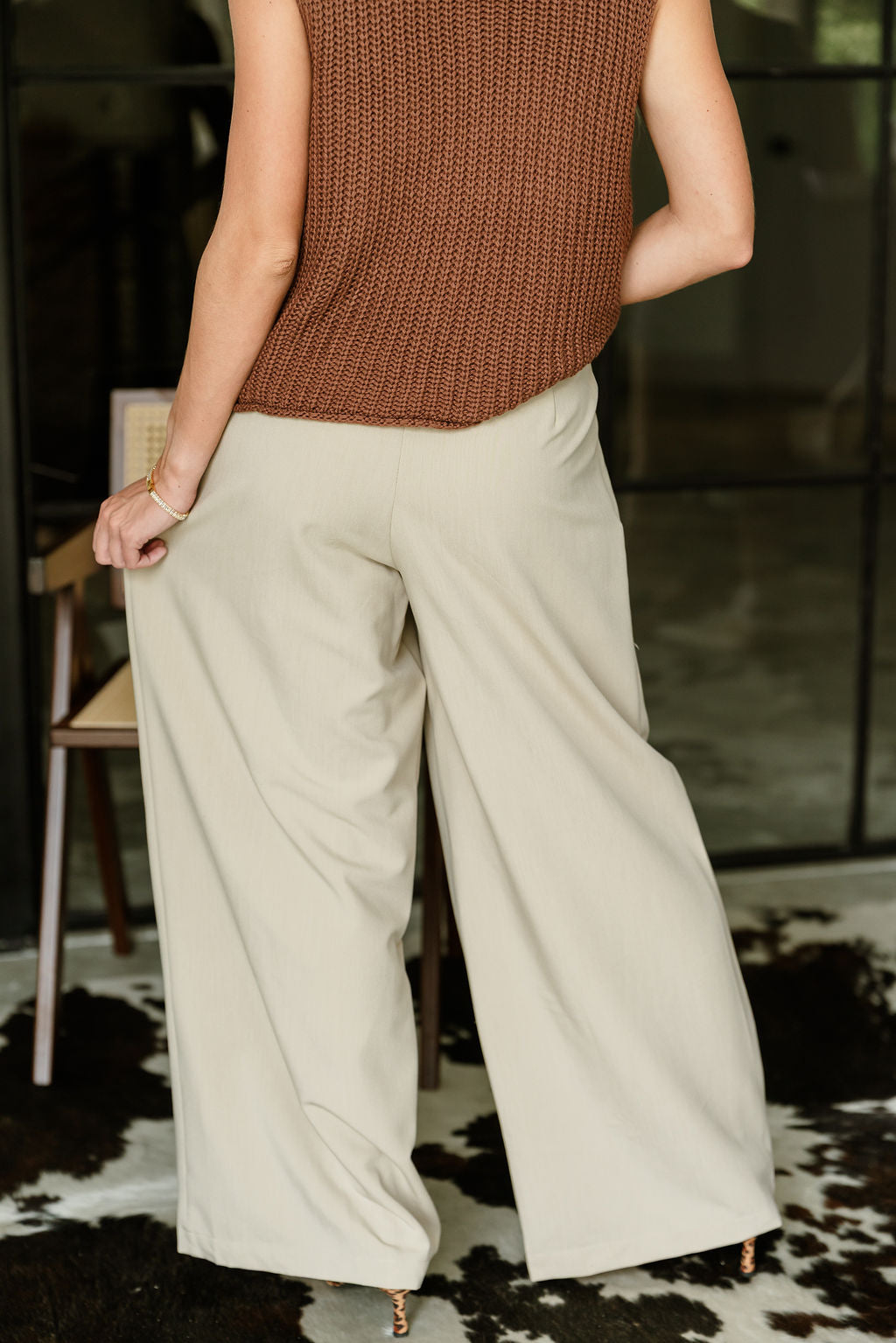 Serena Beige Wide Leg Pants- close up back view