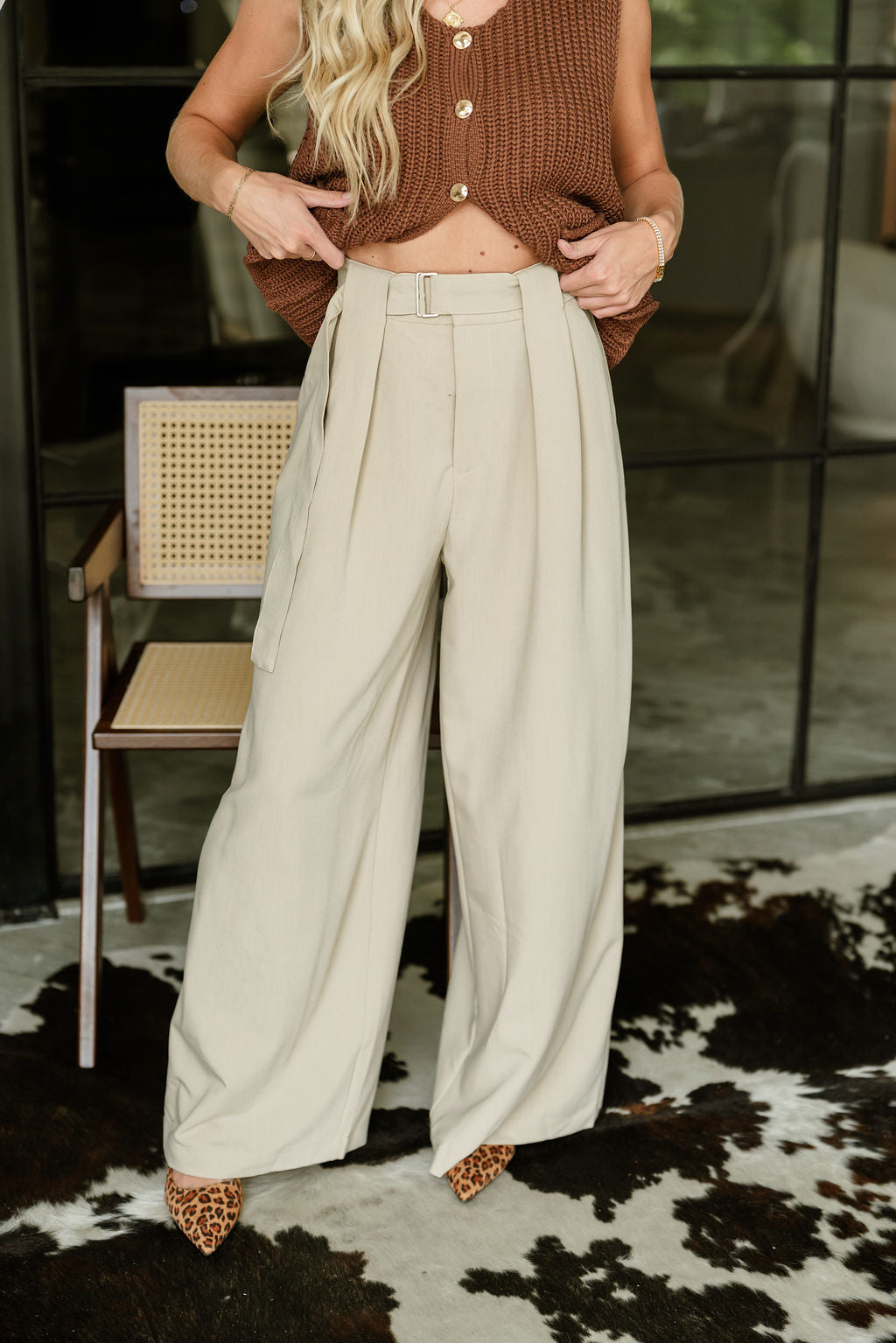 Serena Beige Wide Leg Pants- front full view