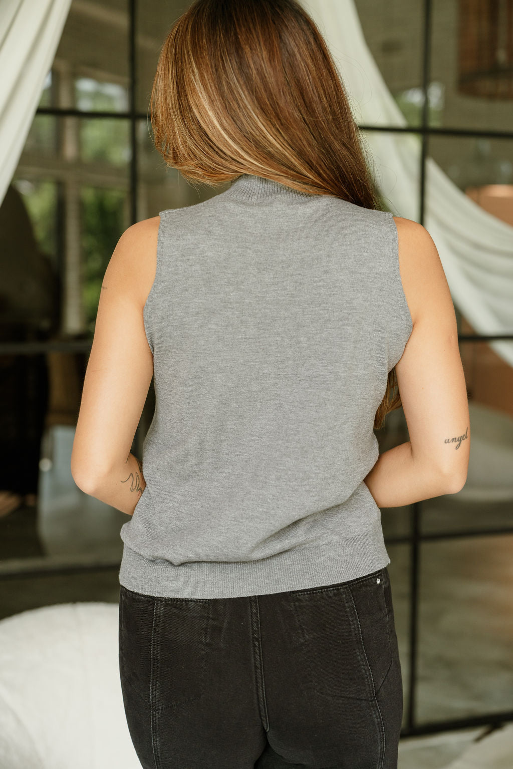 Destiny Charcoal Grey High Neck Vest- close up back view