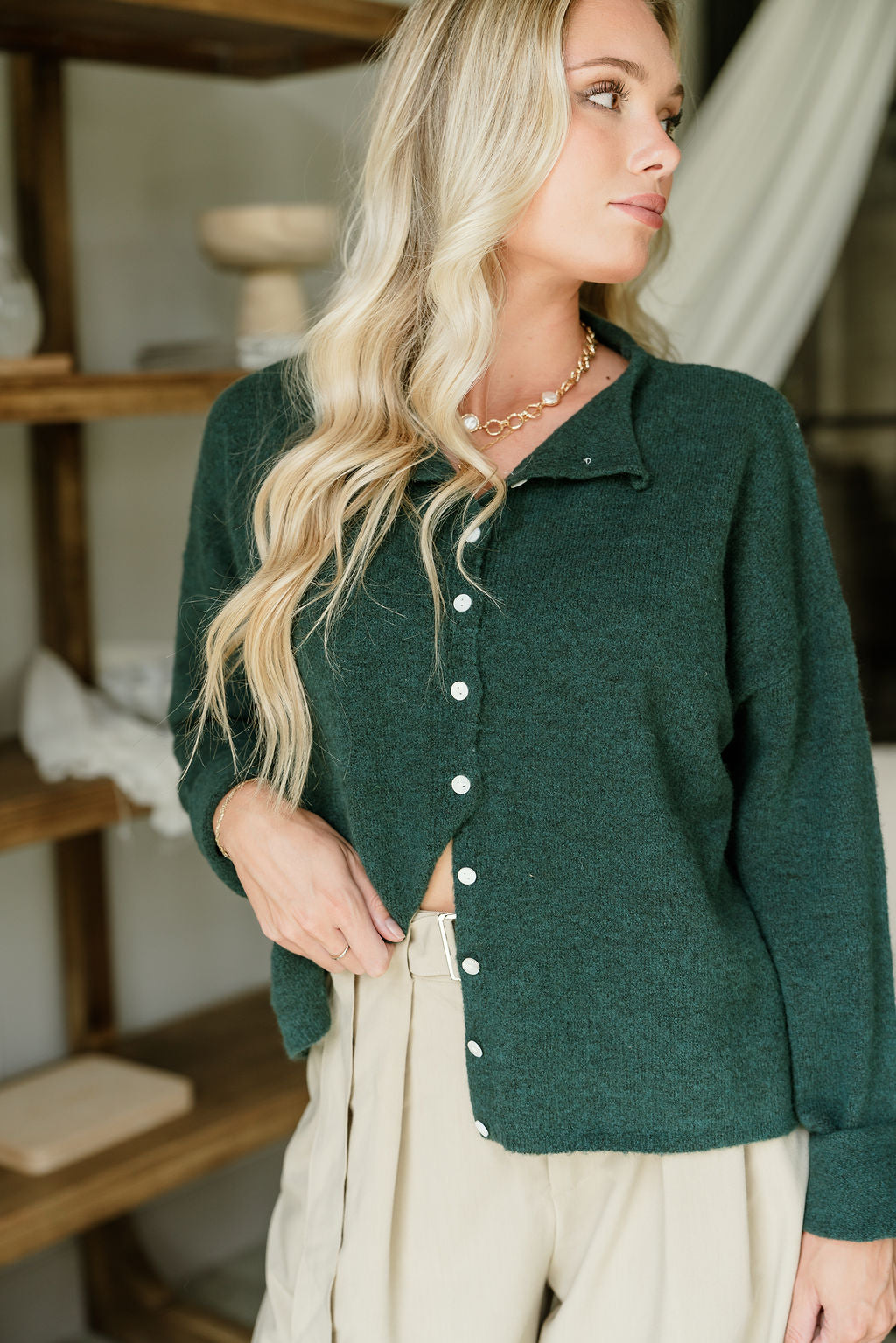 Misha Hunter Green Cardigan- close up front view