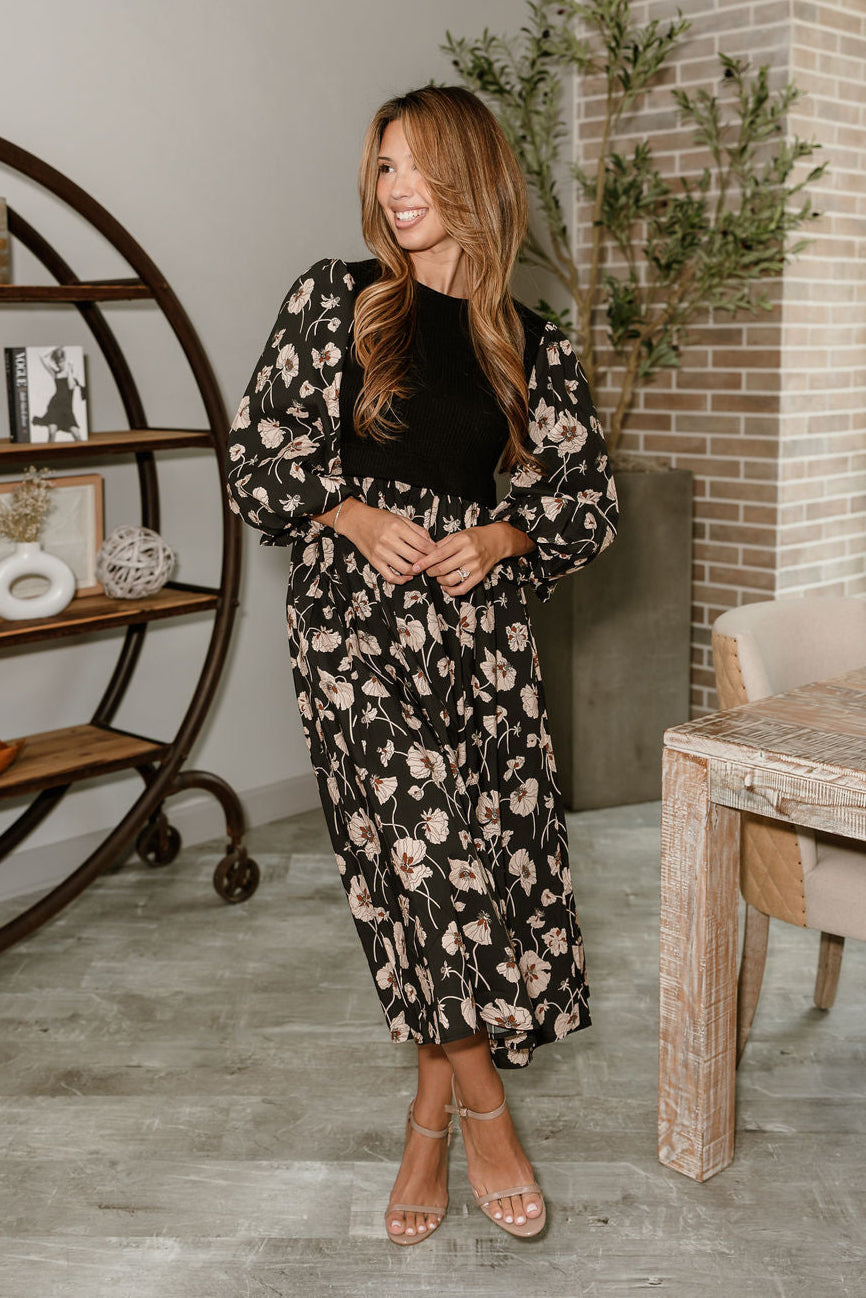 Nadia Black Multi Floral Midi Dress- full body view