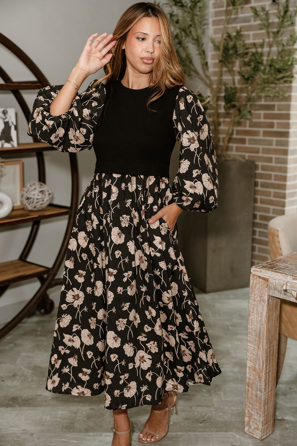 Nadia Black Multi Floral Midi Dress- close up full view