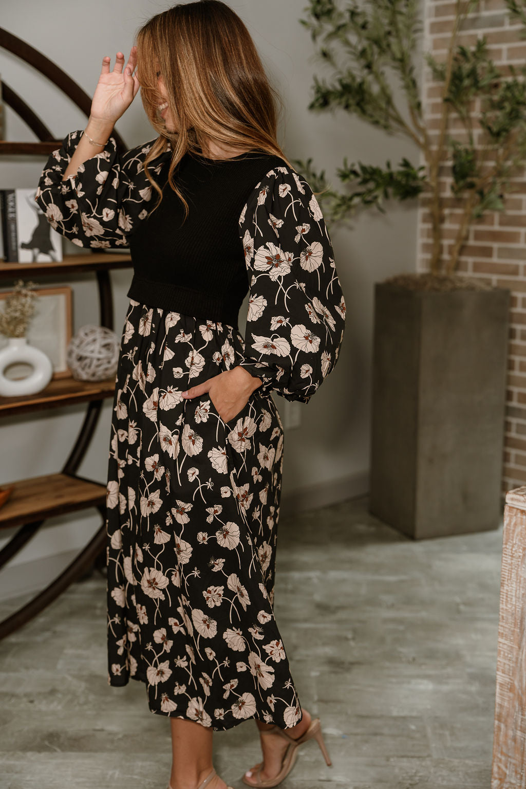 Nadia Black Multi Floral Midi Dress- full side right view