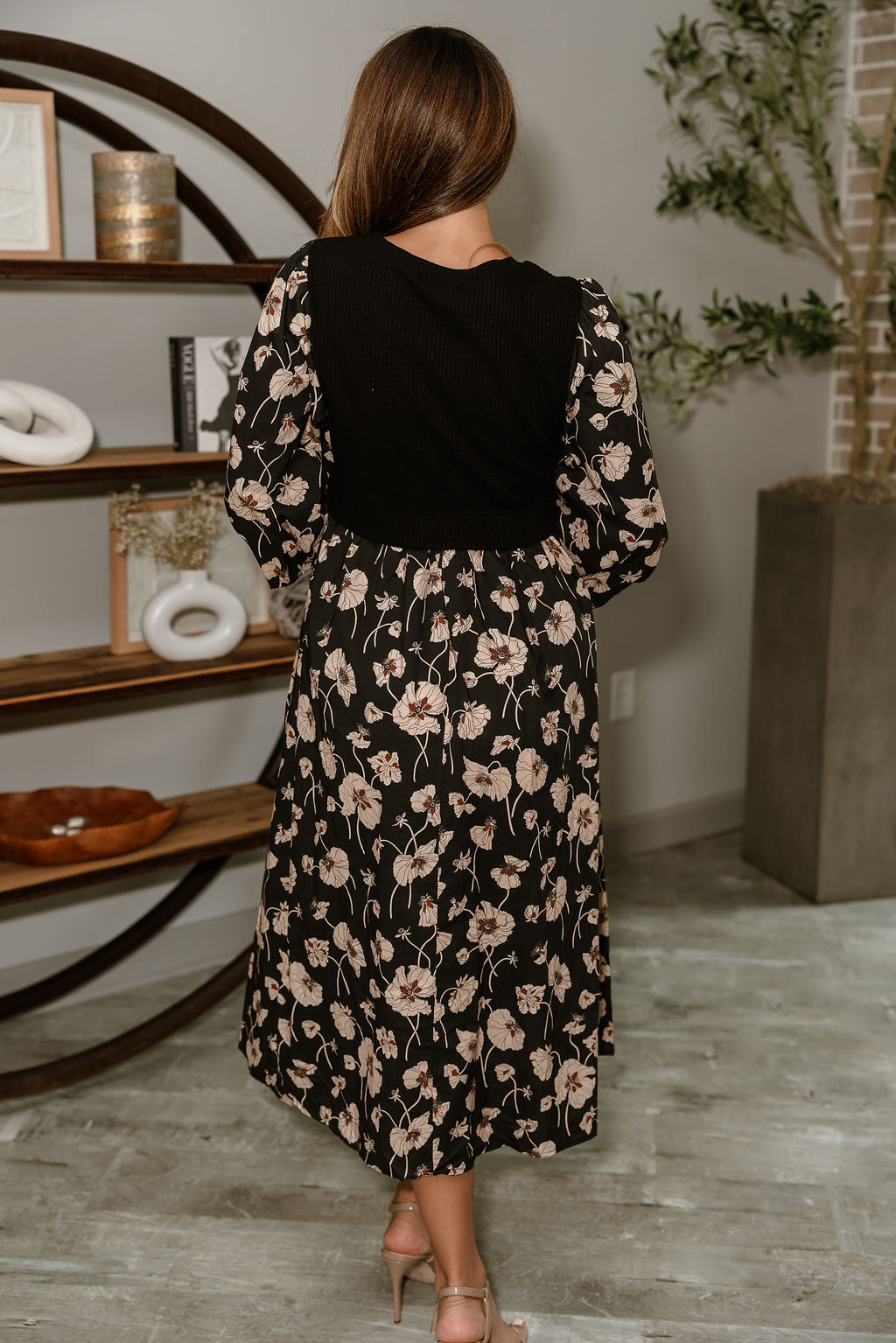 Nadia Black Multi Floral Midi Dress- full back view