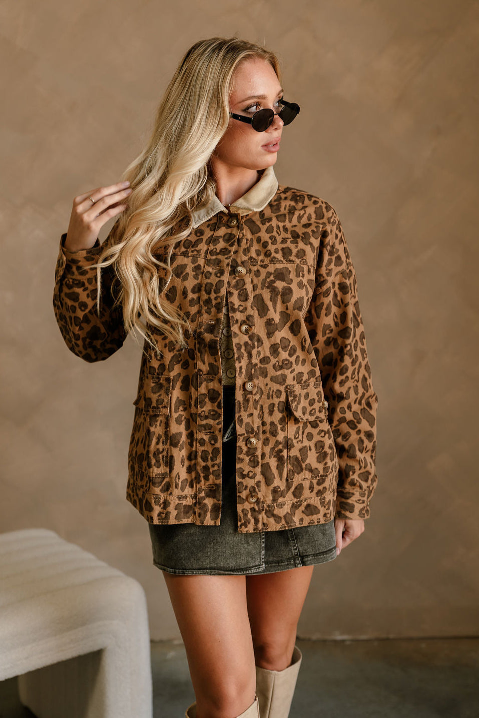 Haisley Cheetah & Beige Denim Fabric- front top view