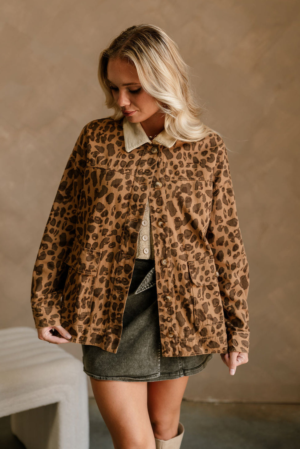 Haisley Cheetah & Beige Denim Fabric- frontal top view
