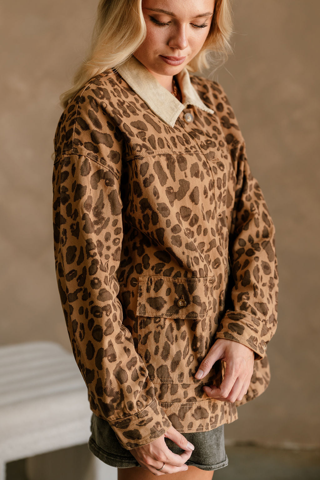 Haisley Cheetah & Beige Denim Fabric- close up side view