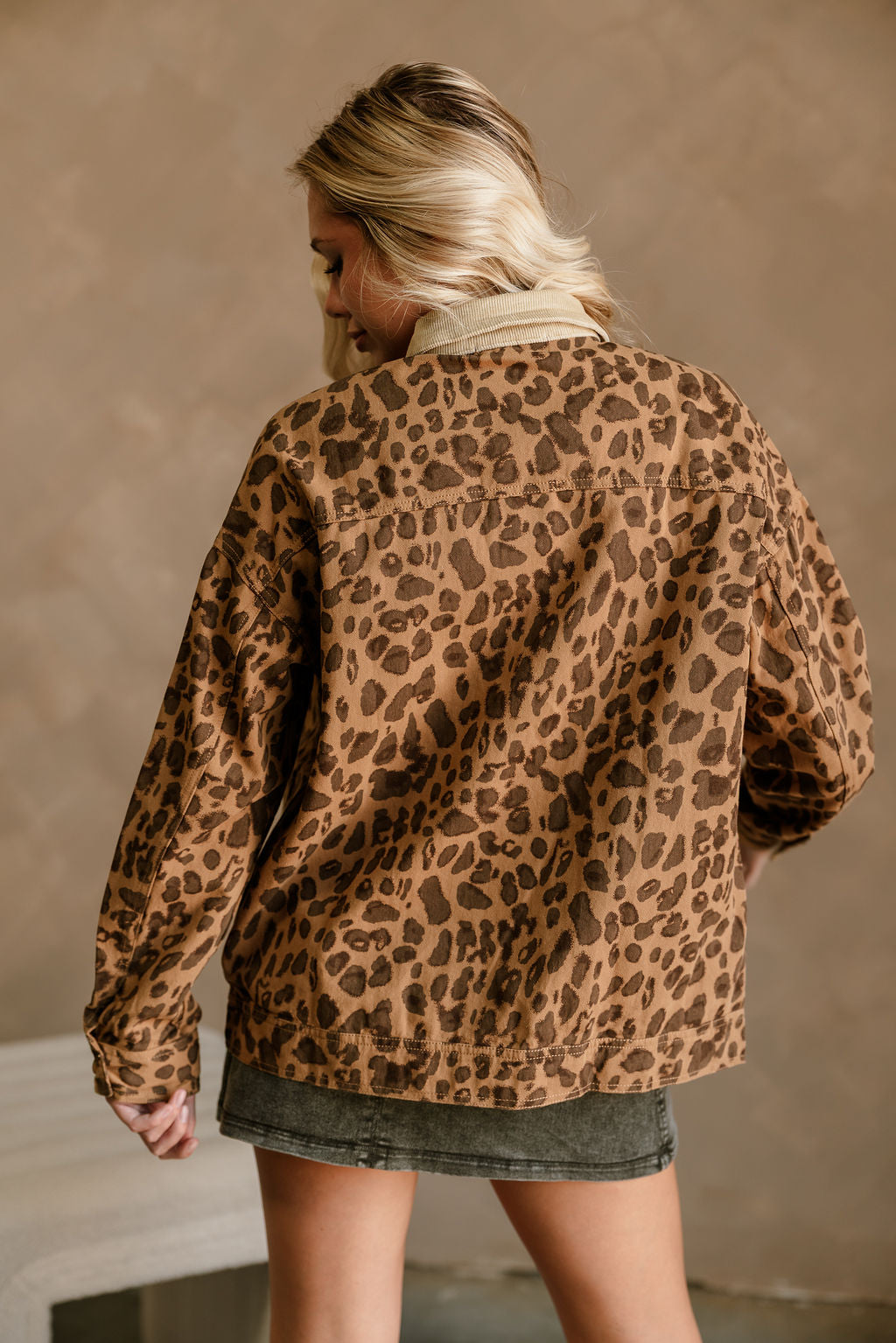 Haisley Cheetah & Beige Denim Fabric- close up back view