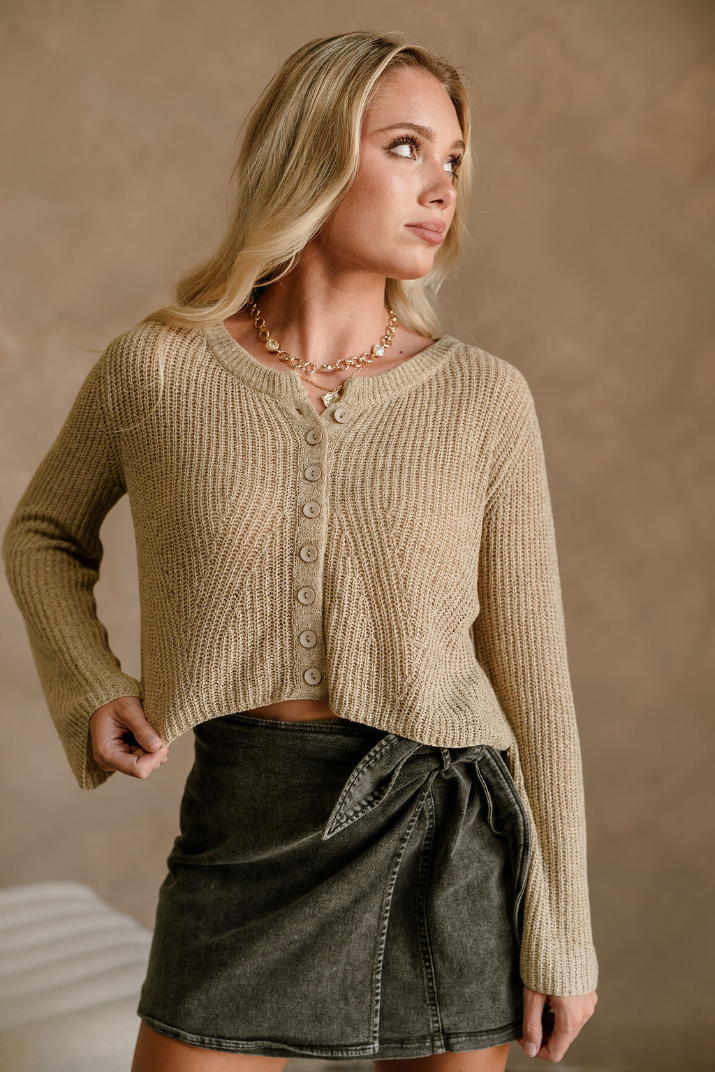 Lyra Beige Knit Button-Up Cardigan- front top view