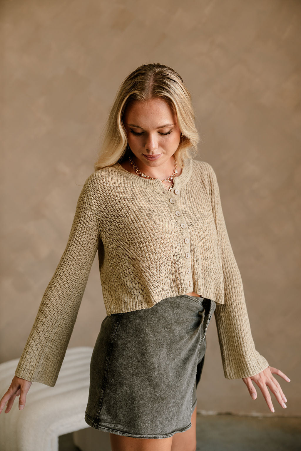 Lyra Beige Knit Button-Up Cardigan- side view