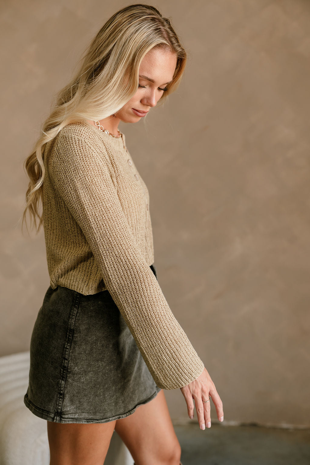 Lyra Beige Knit Button-Up Cardigan- close up side view