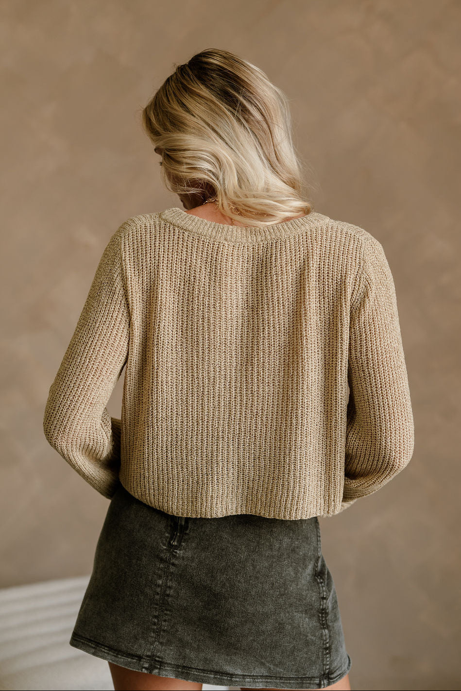 Lyra Beige Knit Button-Up Cardigan-  close up back view