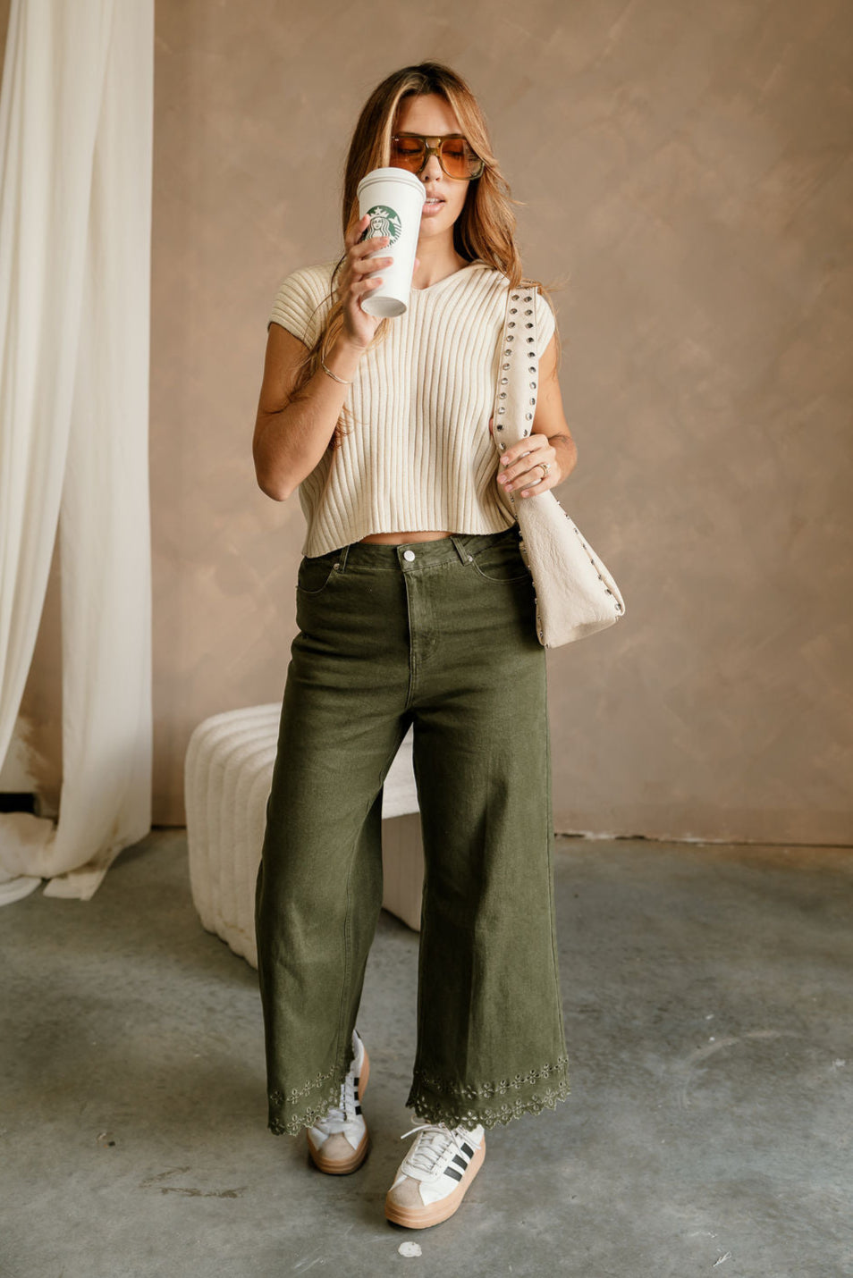 Lilian Olive Eyelet Wide Leg Jeans- full body view