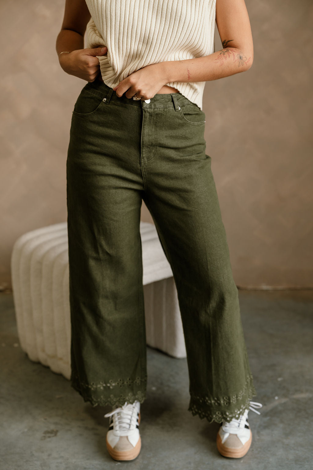 Lilian Olive Eyelet Wide Leg Jeans- front full view