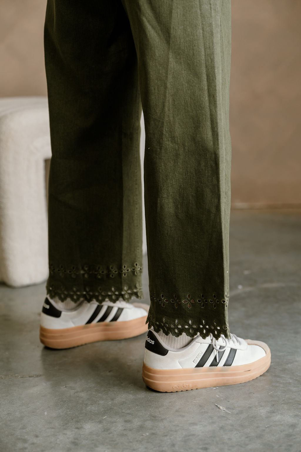 Lilian Olive Eyelet Wide Leg Jeans- close up details view