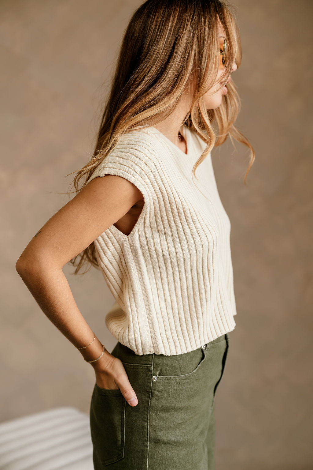 Myra Cream Knit Hoodie Vest- close top side view