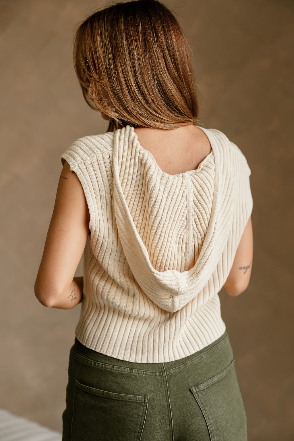 Myra Cream Knit Hoodie Vest- back view