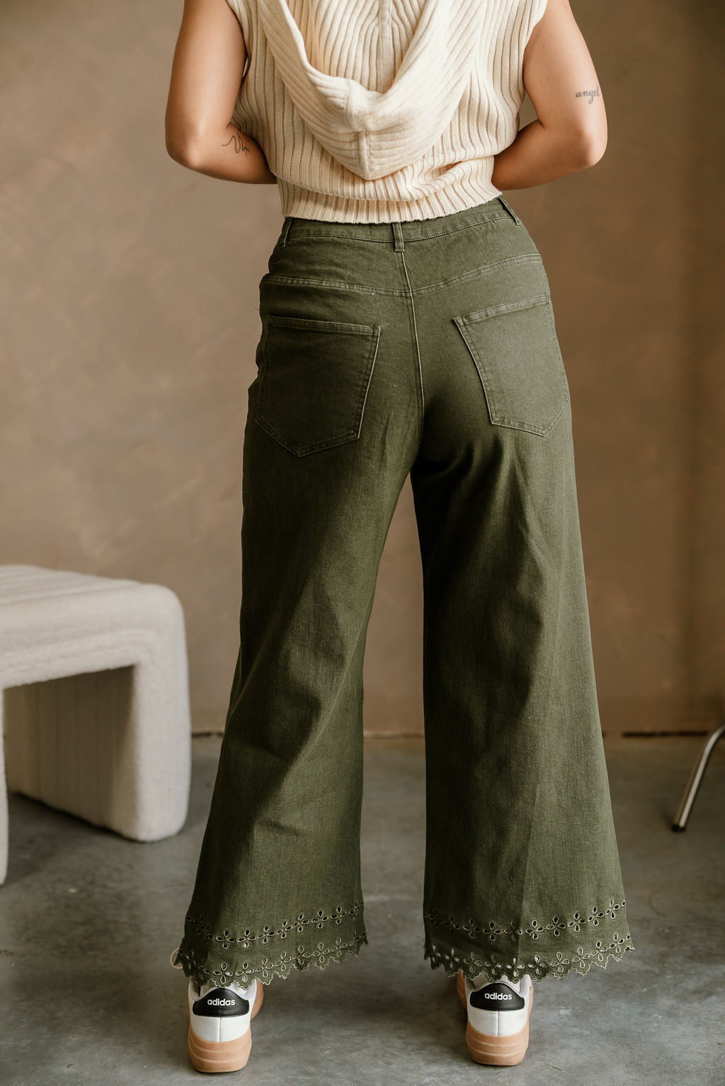 Lilian Olive Eyelet Wide Leg Jeans- close up back view