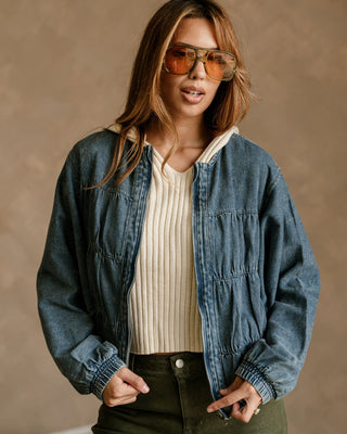 Reina Washed Denim Balloon Jacket- close up front view