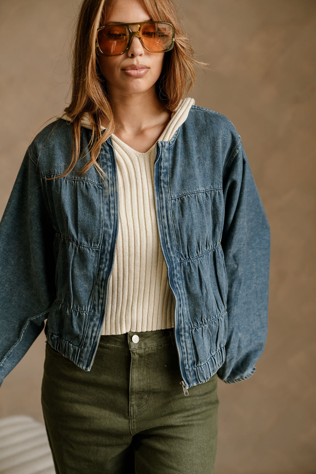 Reina Washed Denim Balloon Jacket- close up top view