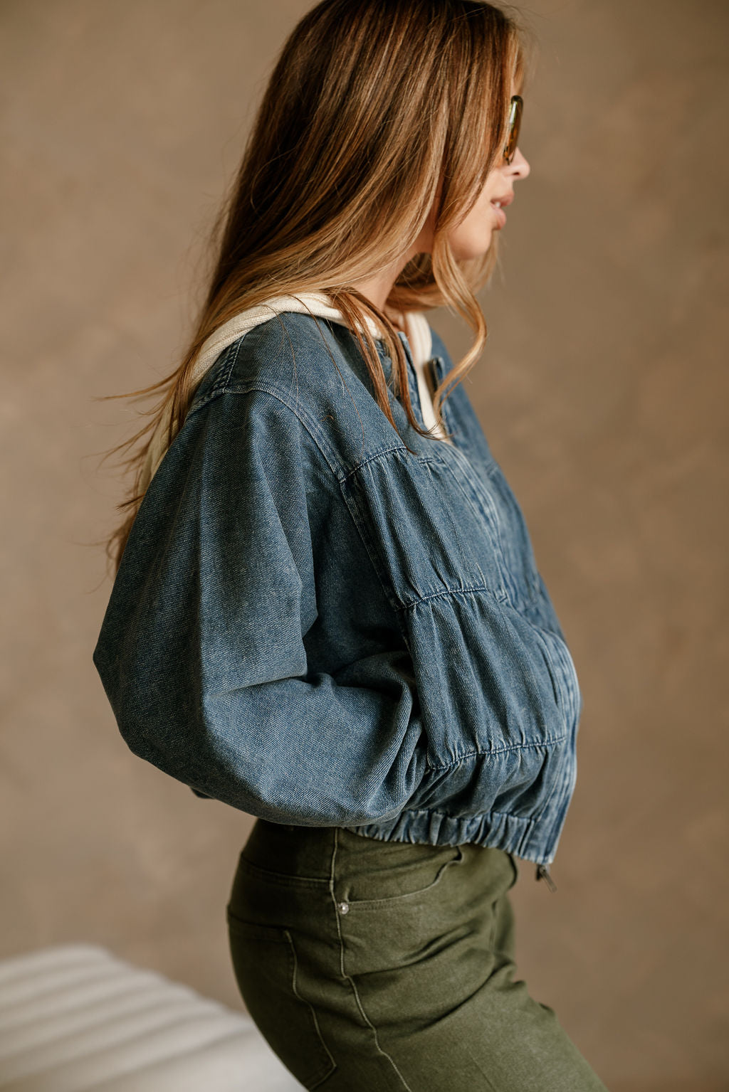 Reina Washed Denim Balloon Jacket- close up side view