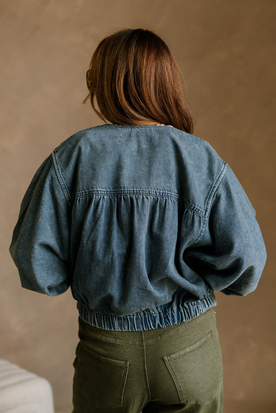Reina Washed Denim Balloon Jacket- close up back view