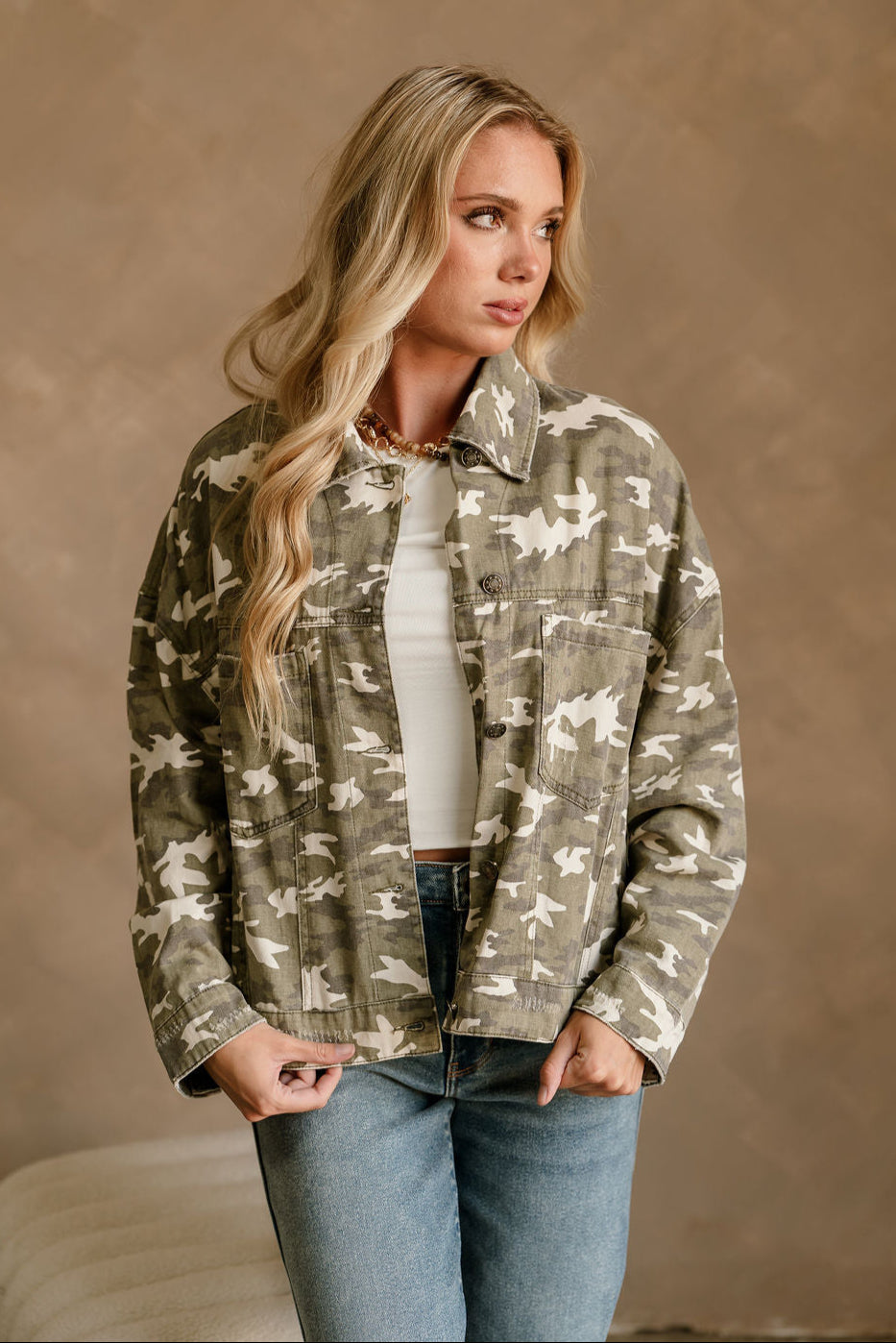 Janelle Light Camo Long Sleeve Jacket- front view