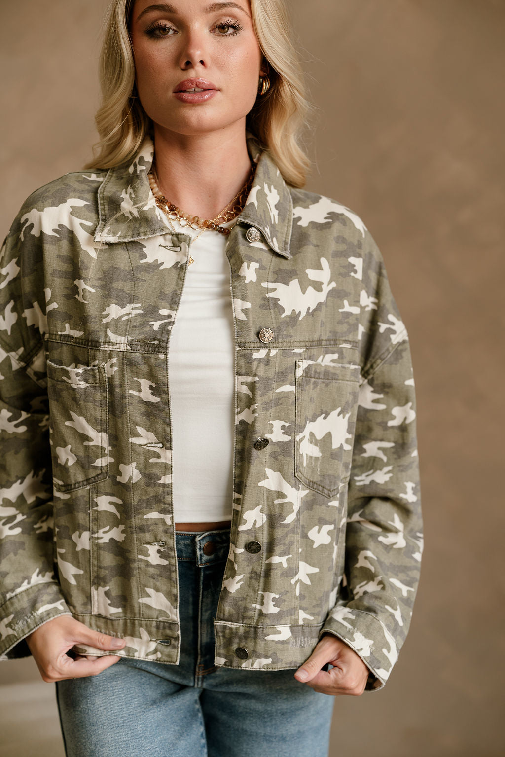 Janelle Light Camo Long Sleeve Jacket- close up side view