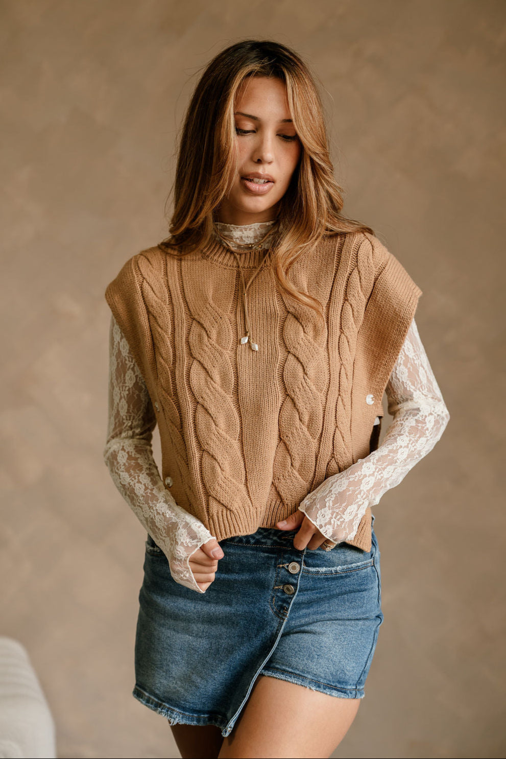 Aleah Camel Cable Knit Button Vest- top front view