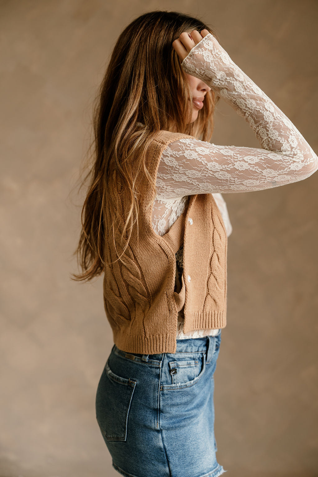 Aleah Camel Cable Knit Button Vest- close up side view