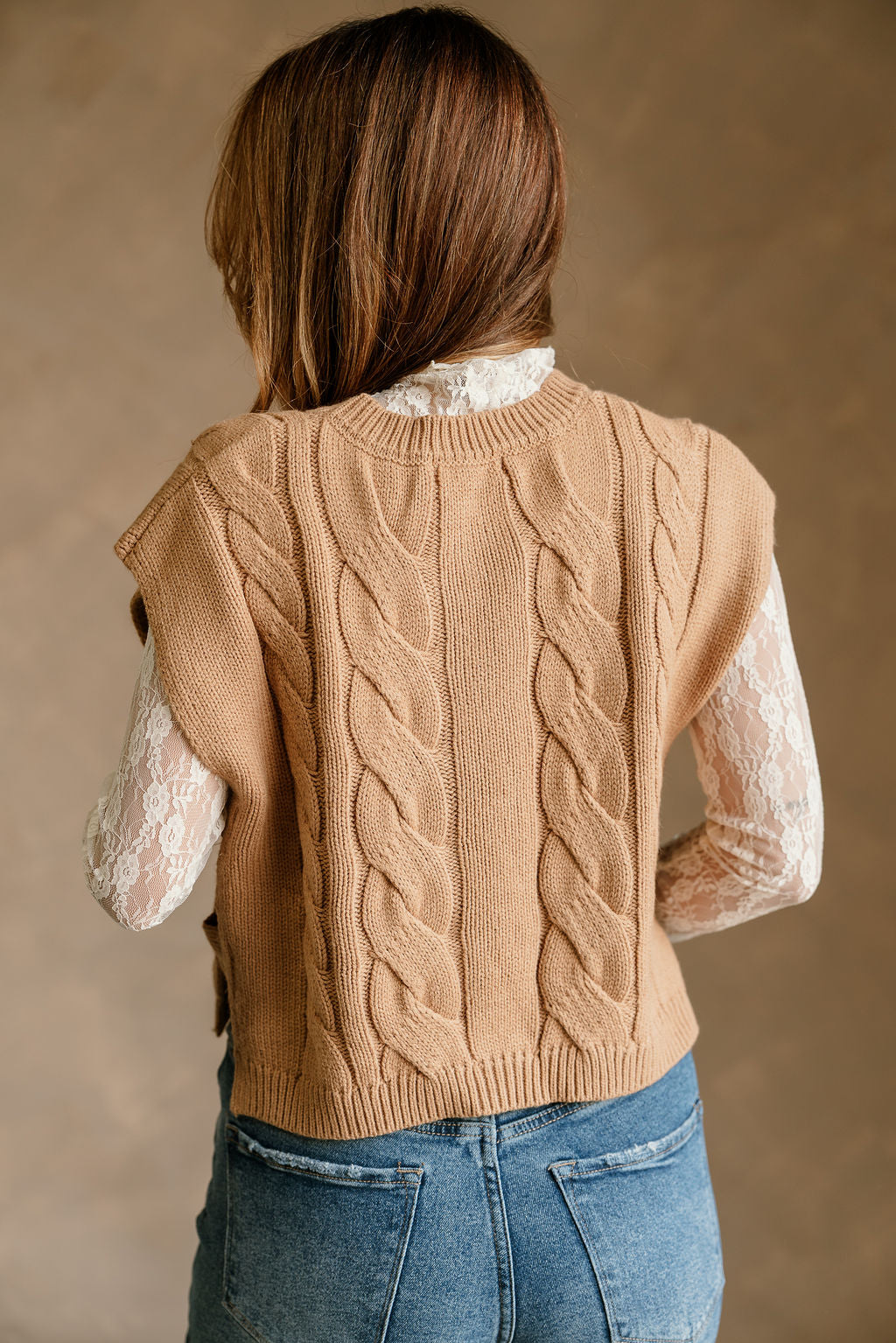 Aleah Camel Cable Knit Button Vest- close up back view