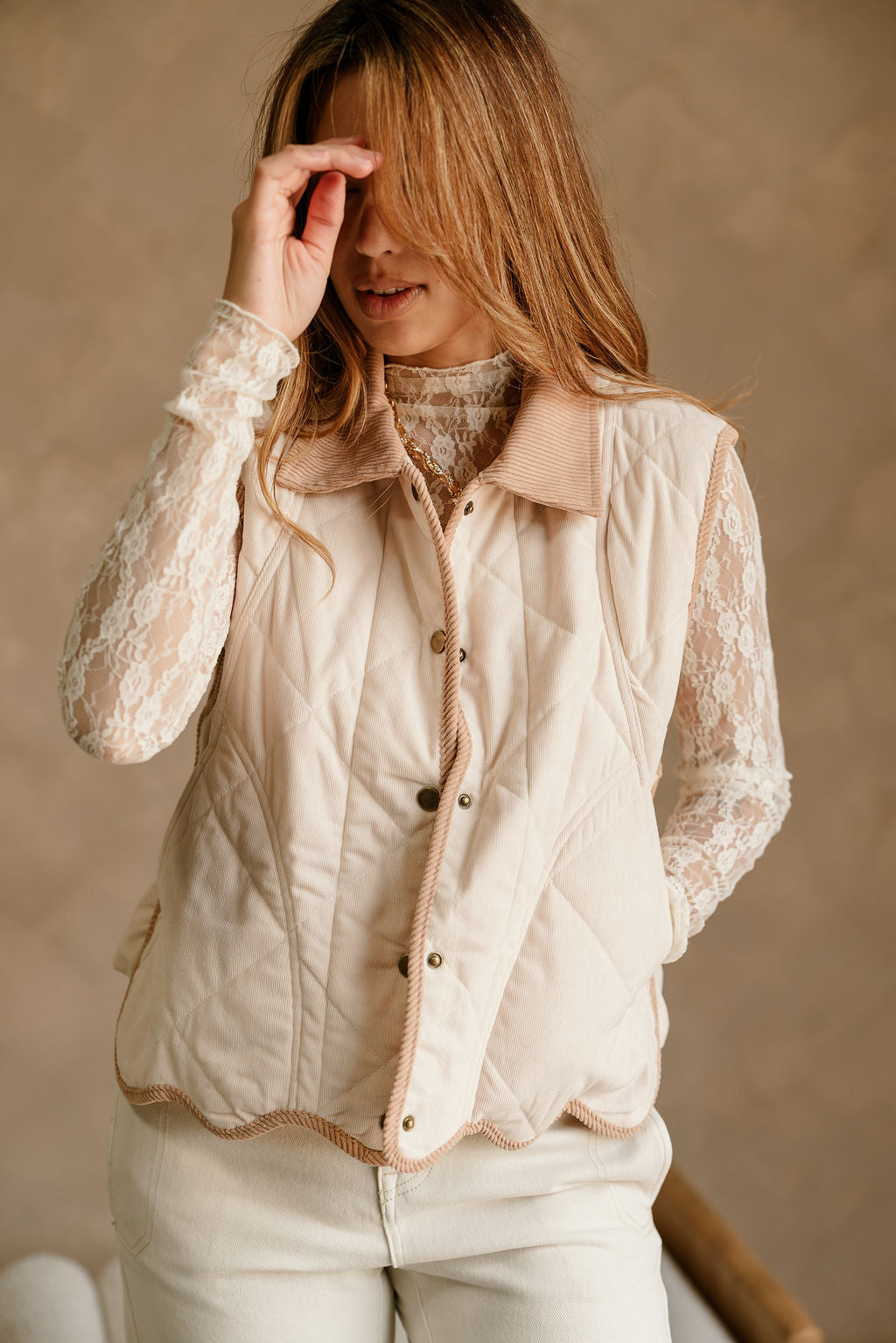 Kendra Beige & Camel Scallop Vest- front close up view