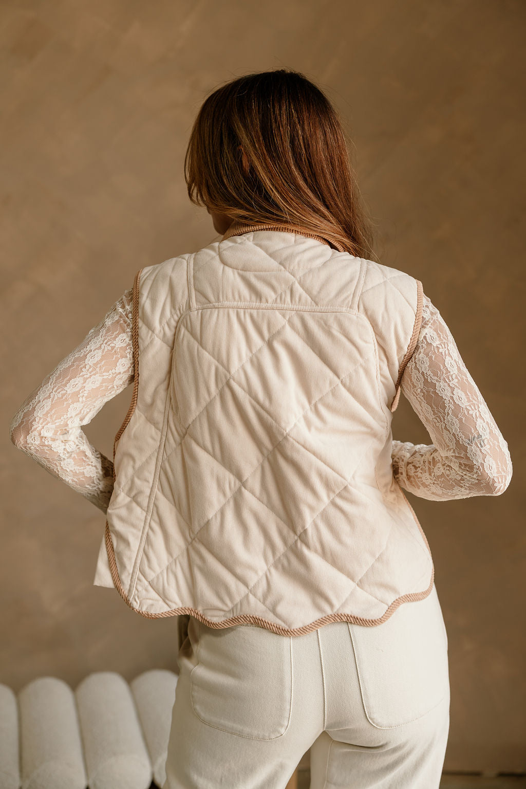 Kendra Beige & Camel Scallop Vest- back view
