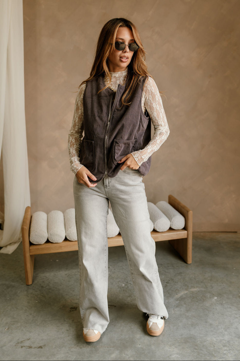 Rebecca Washed Indigo Zip-Up Vest - full front view 
