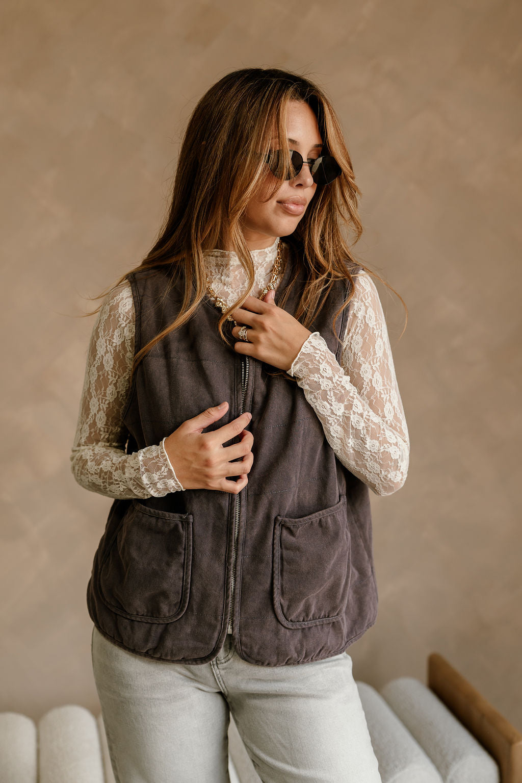 Rebecca Washed Indigo Zip-Up Vest - front view 