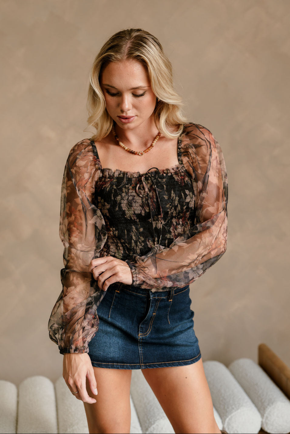Trisha Floral Mesh Long Sleeve Top - front view