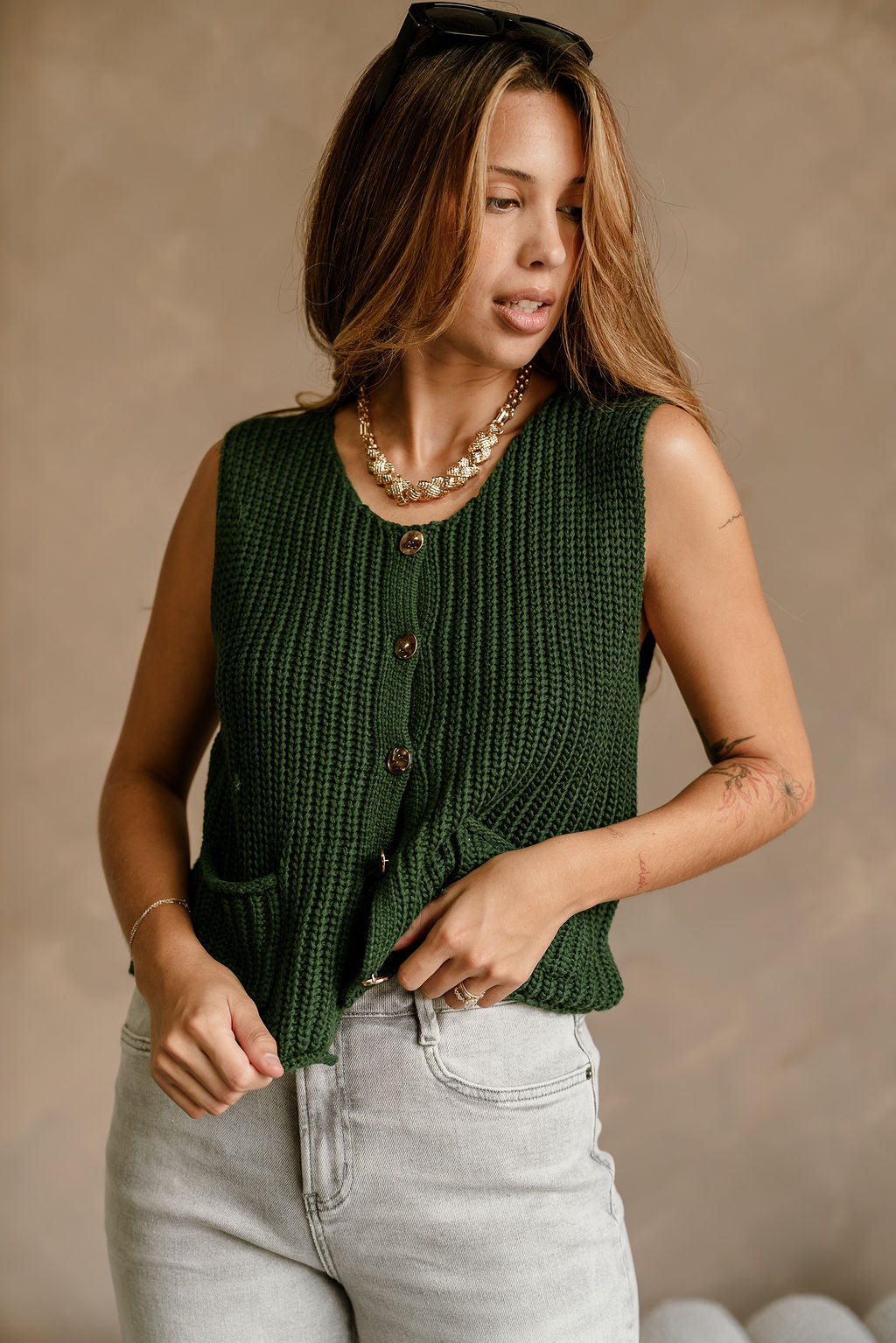 Melissa Green & Gold Cable Knit Vest - close up front view