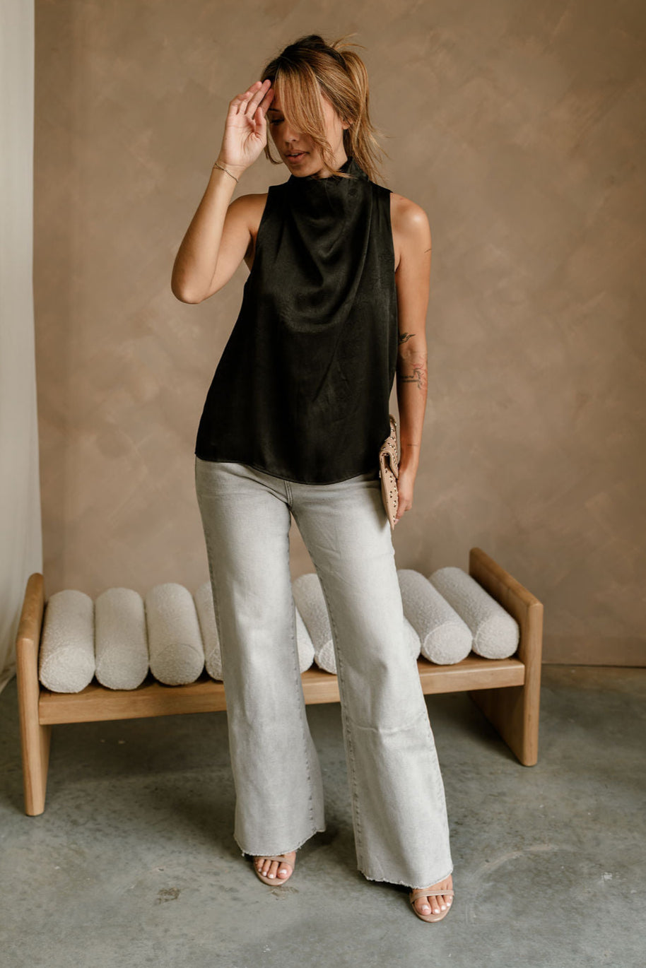 Fiona Black Satin High Neck Tank Top - full front view