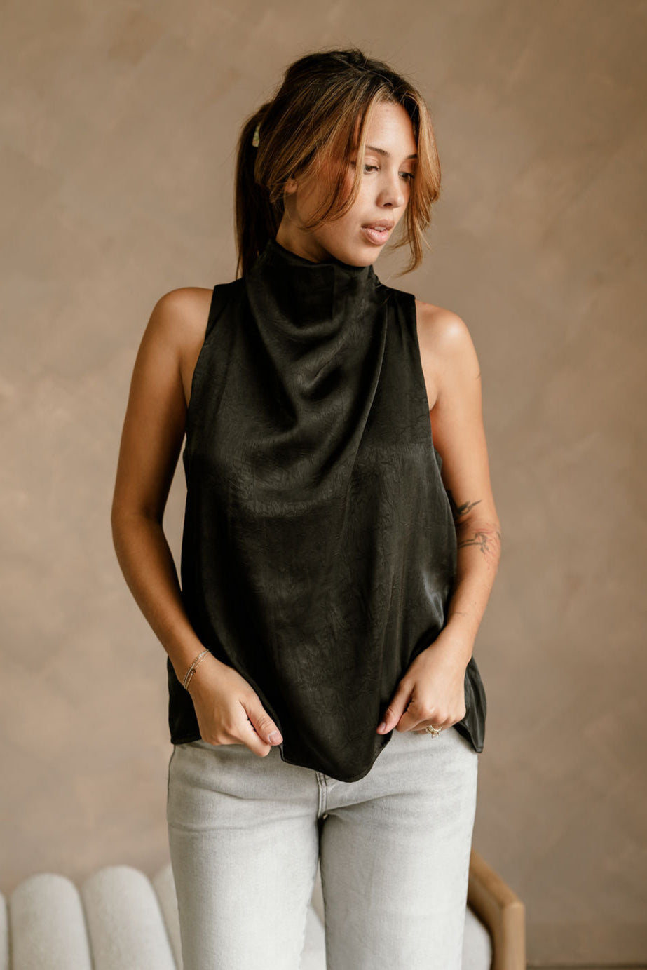 Fiona Black Satin High Neck Tank Top - front view